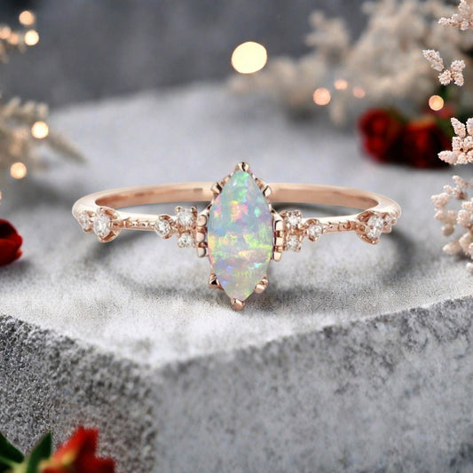 Marquise Cut Opal Ring Vintage Solid Gold Engagement Ring White Pink Opal Ring Unique Moissanite Bridal Wedding Anniversary Gift For Her