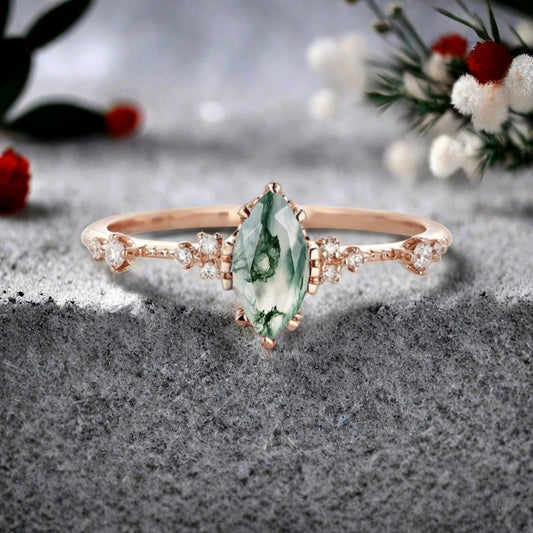 Marquise Cut Moss Agate Ring Vintage Solid Gold Engagement Ring Unique Moissanite Bridal Wedding Anniversary Gift For Her