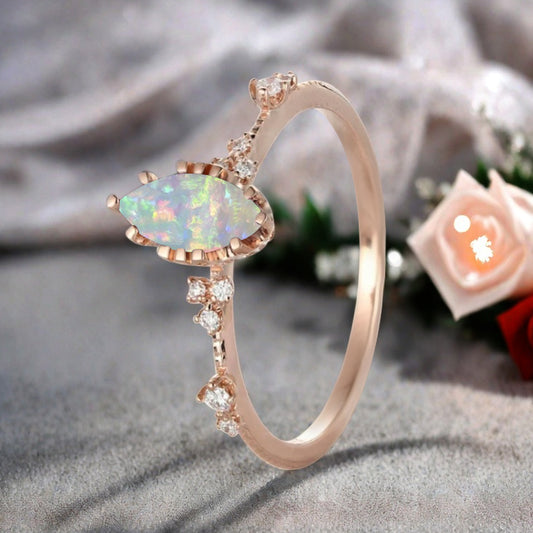 Marquise Cut Opal Ring Vintage Solid Gold Engagement Ring White Pink Opal Ring Unique Moissanite Bridal Wedding Anniversary Gift For Her