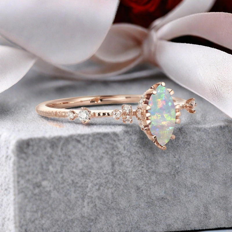 Marquise Cut Opal Ring Vintage Solid Gold Engagement Ring White Pink Opal Ring Unique Moissanite Bridal Wedding Anniversary Gift For Her