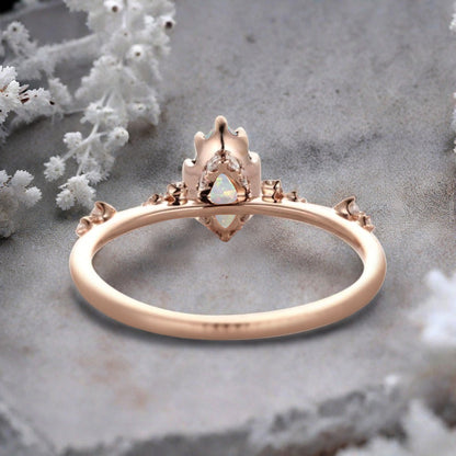 Marquise Cut Opal Ring Vintage Solid Gold Engagement Ring White Pink Opal Ring Unique Moissanite Bridal Wedding Anniversary Gift For Her