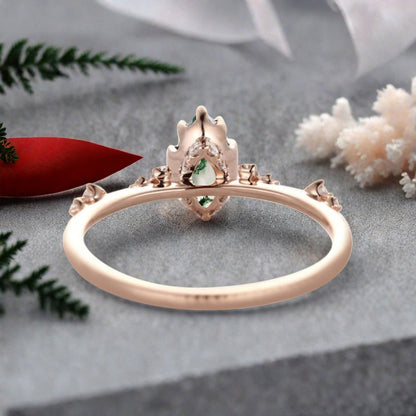 Marquise Cut Moss Agate Ring Vintage Solid Gold Engagement Ring Unique Moissanite Bridal Wedding Anniversary Gift For Her
