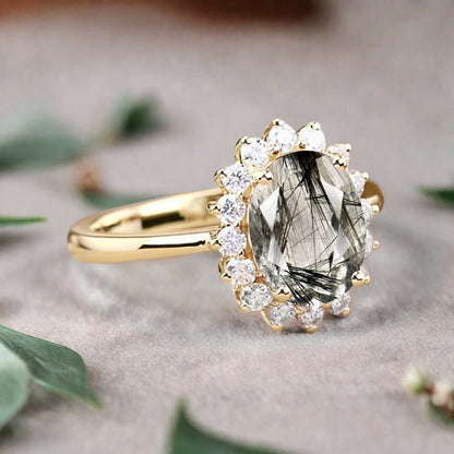 Vintage Herkimer Diamond Engagement Ring Oval Shape Anniversary Ring Solid Gold Solitaire Unique Herkimer Diamond Ring for Women Ver.2