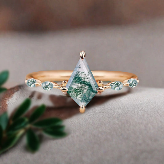 Kite cut Moss Agate engagement ring Unique Rose gold engagement ring Vintage Moissanite ring Art deco bridal ring Promise ring Anniversary gift