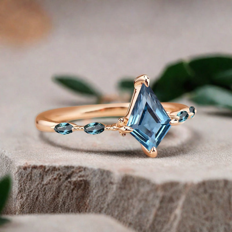Kite cut Aquamarine engagement ring Unique Rose gold engagement ring Vintage Moissanite ring Art deco bridal ring Promise ring Anniversary gift