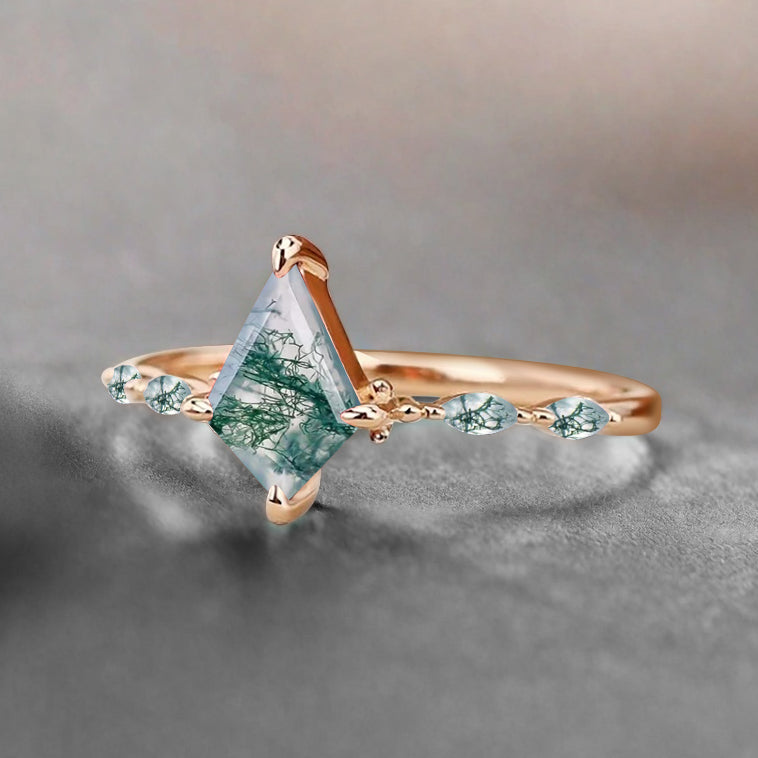 Kite cut Moss Agate engagement ring Unique Rose gold engagement ring Vintage Moissanite ring Art deco bridal ring Promise ring Anniversary gift