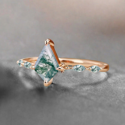 Kite cut Moss Agate engagement ring Unique Rose gold engagement ring Vintage Moissanite ring Art deco bridal ring Promise ring Anniversary gift