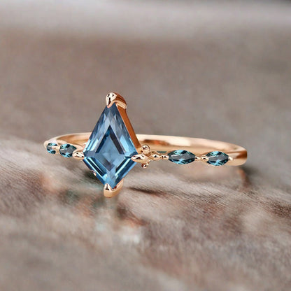 Kite cut Aquamarine engagement ring Unique Rose gold engagement ring Vintage Moissanite ring Art deco bridal ring Promise ring Anniversary gift