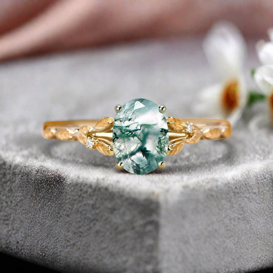Oval Moss Agate Engagement Ring Vintage Rose Gold Green Agate Ring Women Moissanite Twisted Hollow Wedding Ring Bridal Promise Ring