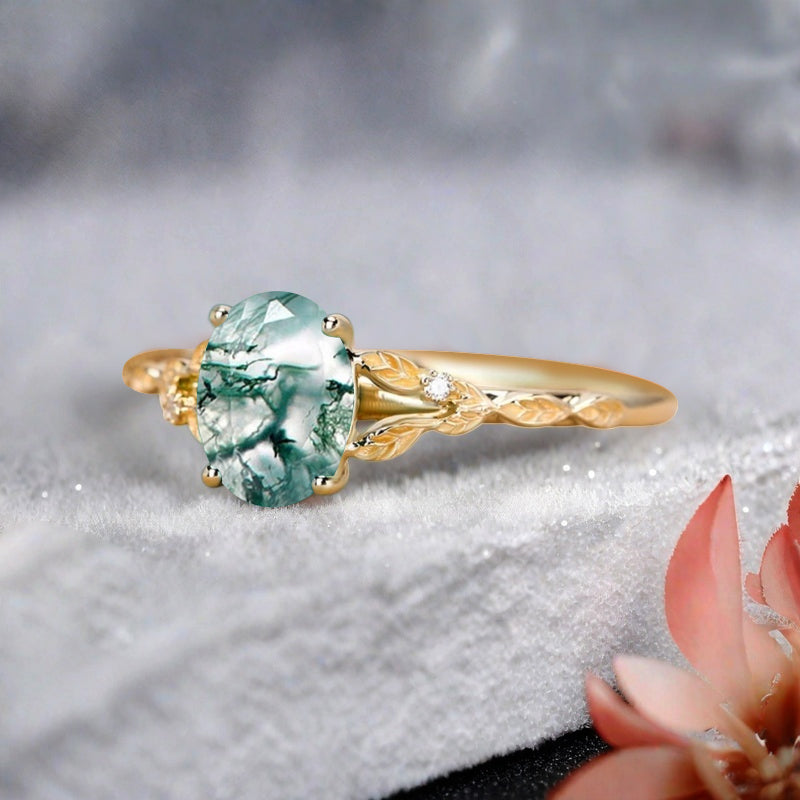 Oval Moss Agate Engagement Ring Vintage Rose Gold Green Agate Ring Women Moissanite Twisted Hollow Wedding Ring Bridal Promise Ring