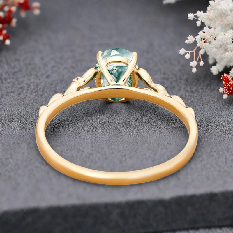 Oval Moss Agate Engagement Ring Vintage Rose Gold Green Agate Ring Women Moissanite Twisted Hollow Wedding Ring Bridal Promise Ring