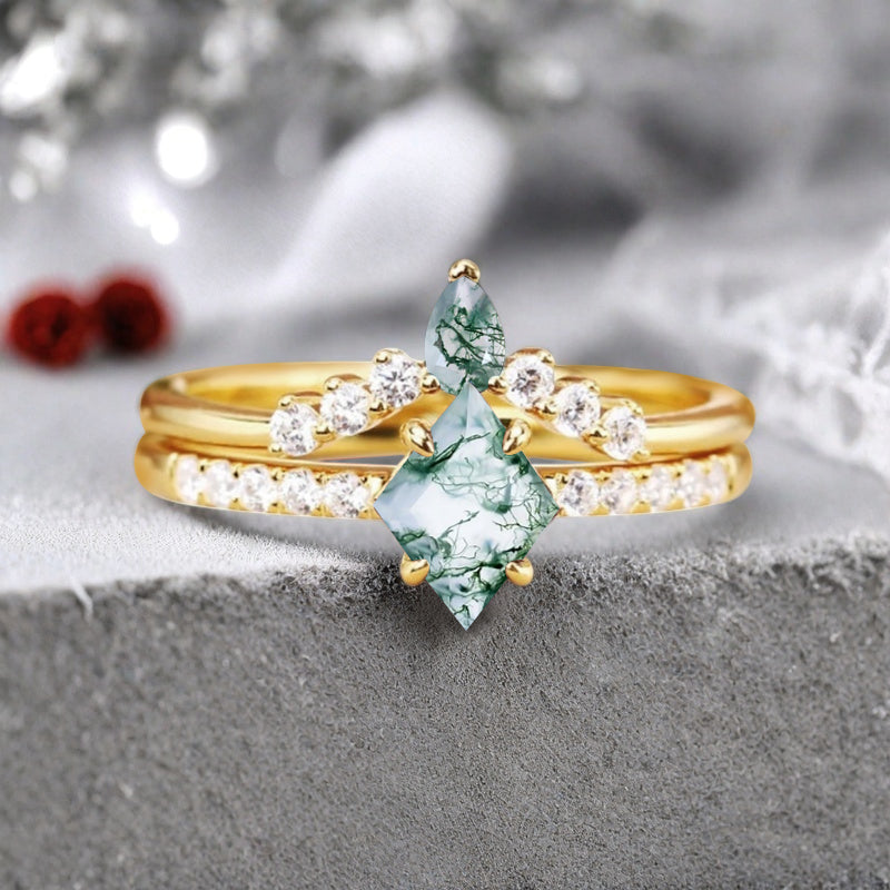 Vintage Kite Cut moss agate engagement ring set Rose gold Stackable ring unique bridal wedding ring set gift
