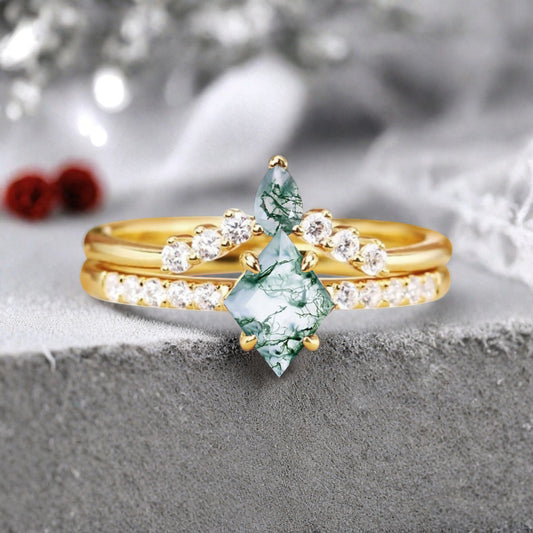 Vintage Kite Cut moss agate engagement ring set Rose gold Stackable ring unique bridal wedding ring set gift