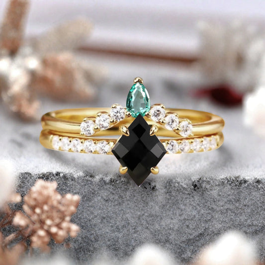 Vintage Kite Cut Black Onyx engagement ring set Rose gold Stackable ring unique bridal wedding ring set gift