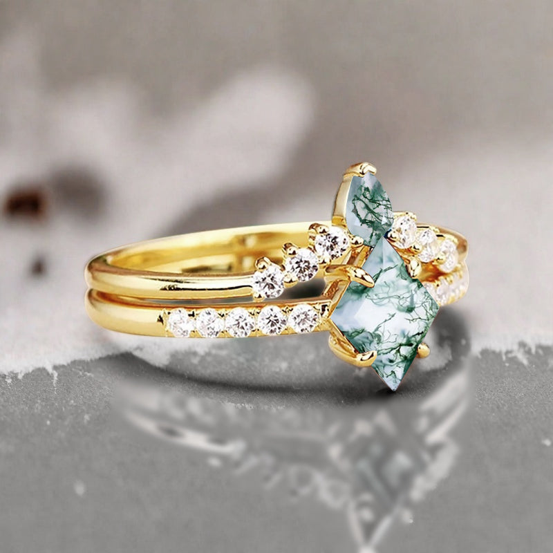 Vintage Kite Cut moss agate engagement ring set Rose gold Stackable ring unique bridal wedding ring set gift