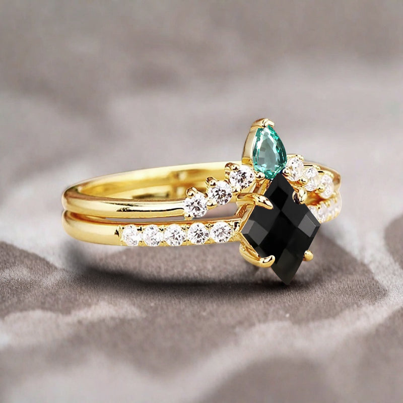 Vintage Kite Cut Black Onyx engagement ring set Rose gold Stackable ring unique bridal wedding ring set gift