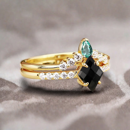 Vintage Kite Cut Black Onyx engagement ring set Rose gold Stackable ring unique bridal wedding ring set gift