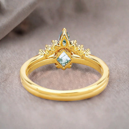 Vintage Kite Cut moss agate engagement ring set Rose gold Stackable ring unique bridal wedding ring set gift