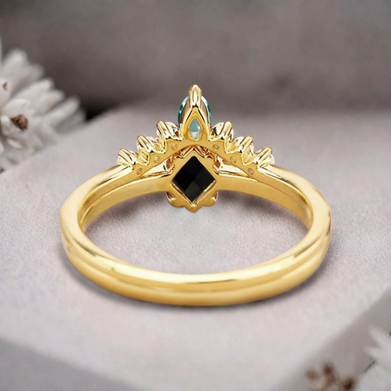 Vintage Kite Cut Black Onyx engagement ring set Rose gold Stackable ring unique bridal wedding ring set gift