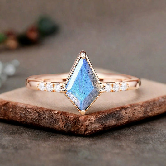 Kite cut Labradorite engagement ring Vintage Moissanite Ring Band Art deco bridal ring Anniversary gift
