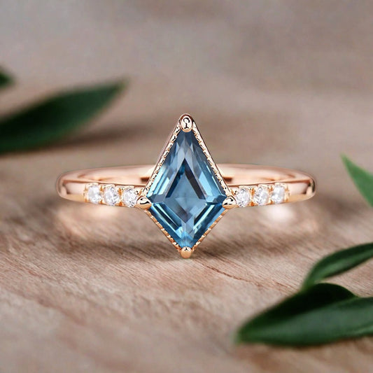 Kite cut Aquamarine engagement ring Vintage Moissanite Ring Band Art deco bridal ring Anniversary gift