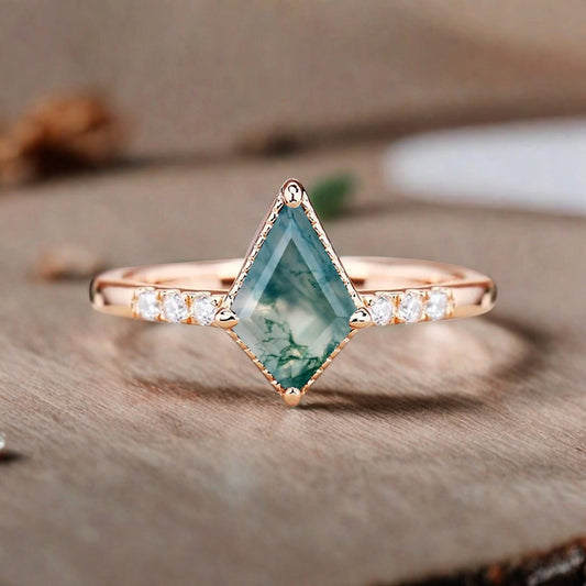 Kite cut Moss Agate engagement ring Vintage Moissanite Ring Band Art deco bridal ring Anniversary gift