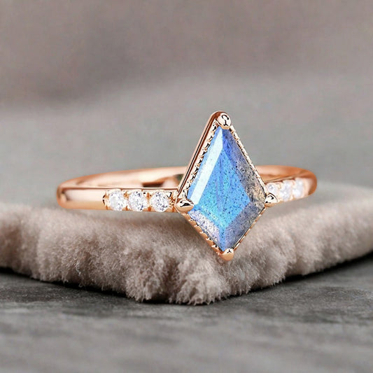 Kite cut Labradorite engagement ring Vintage Moissanite Ring Band Art deco bridal ring Anniversary gift