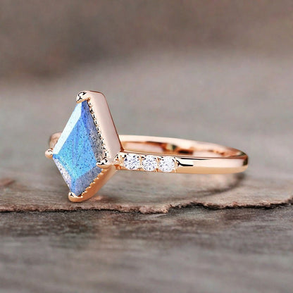 Kite cut Labradorite engagement ring Vintage Moissanite Ring Band Art deco bridal ring Anniversary gift