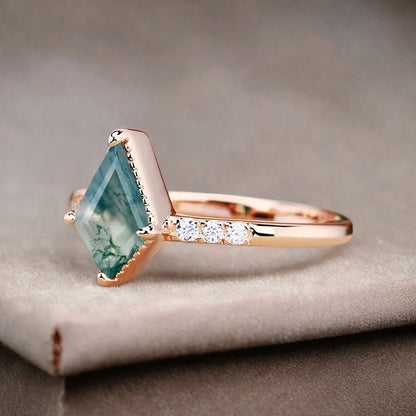 Kite cut Moss Agate engagement ring Vintage Moissanite Ring Band Art deco bridal ring Anniversary gift