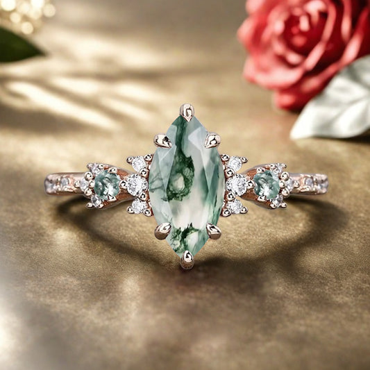 Vintage Marquise Cut Natural Moss Agate Engagement Ring Sets Nature Inspired Moissanite Cluster Promise Ring Rose Gold Art Deco Women Gift