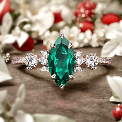 Vintage Marquise Cut Natural Emerald Engagement Ring Sets Nature Inspired Moissanite Cluster Promise Ring Rose Gold Art Deco Women Gift