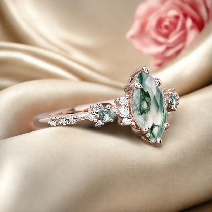 Vintage Marquise Cut Natural Moss Agate Engagement Ring Sets Nature Inspired Moissanite Cluster Promise Ring Rose Gold Art Deco Women Gift