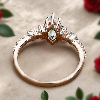 Vintage Marquise Cut Natural Moss Agate Engagement Ring Sets Nature Inspired Moissanite Cluster Promise Ring Rose Gold Art Deco Women Gift
