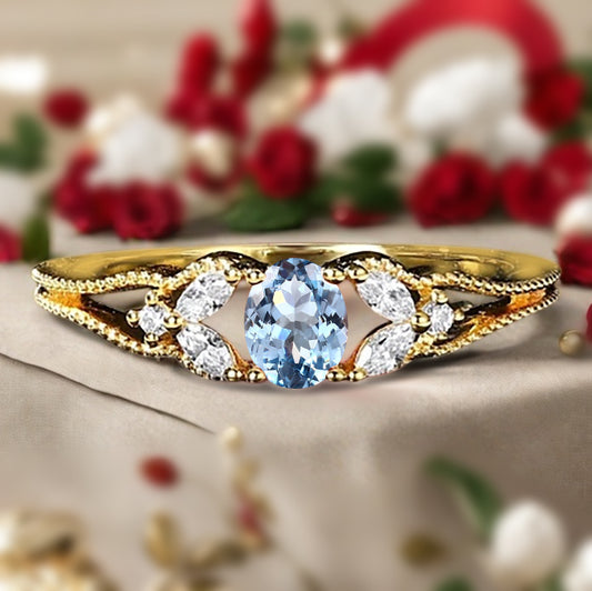 Aquamarine Engagement Ring Vintage 18K Solid Gold Wedding Ring Split Diamond Art Deco Bridal Ring Jewelry Gift For Her