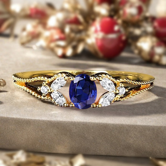 Blue Topaz Engagement Ring Vintage 18K Solid Gold Wedding Ring Split Diamond Art Deco Bridal Ring Jewelry Gift For Her