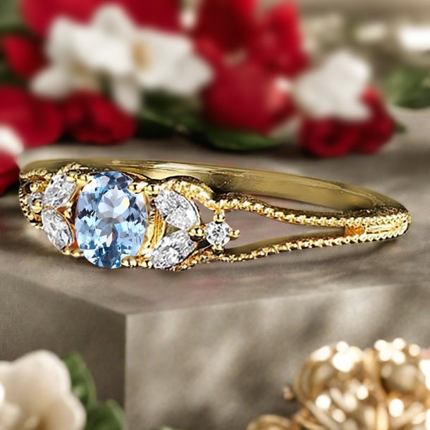Aquamarine Engagement Ring Vintage 18K Solid Gold Wedding Ring Split Diamond Art Deco Bridal Ring Jewelry Gift For Her