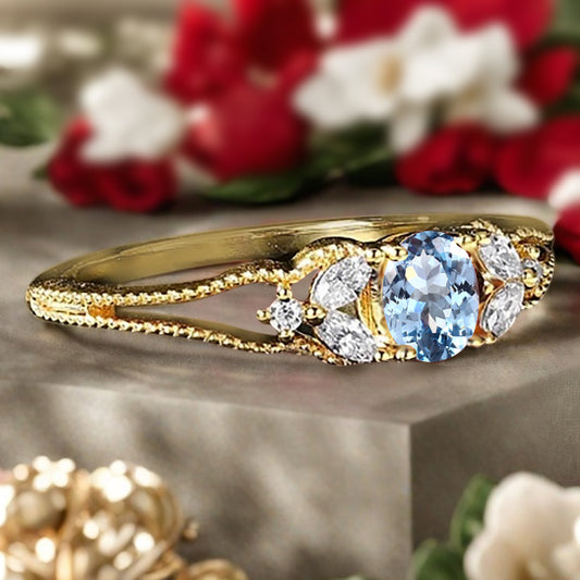 Aquamarine Engagement Ring Vintage 18K Solid Gold Wedding Ring Split Diamond Art Deco Bridal Ring Jewelry Gift For Her