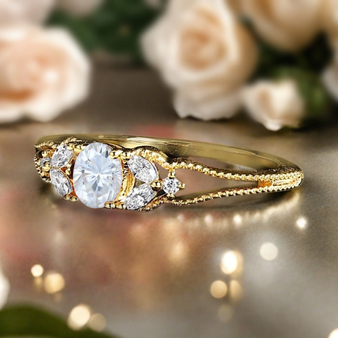 Moissanite Engagement Ring Vintage 18K Solid Gold Wedding Ring Split Diamond Art Deco Bridal Ring Jewelry Gift For Her