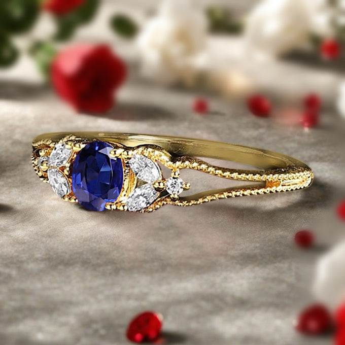 Blue Topaz Engagement Ring Vintage 18K Solid Gold Wedding Ring Split Diamond Art Deco Bridal Ring Jewelry Gift For Her