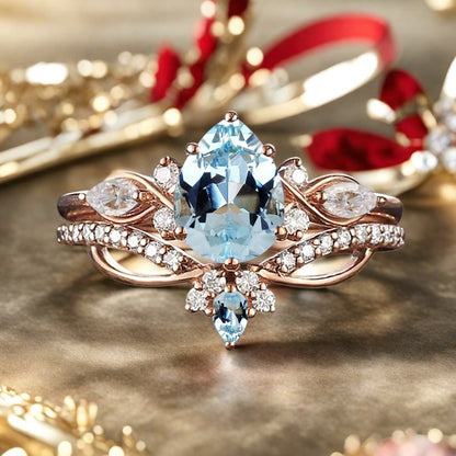 Vintage Pear Shape Aquamarine Engagement Ring Set Unique Aquamarine Gemstone Promise Bridal Ring Set Anniversary Gift