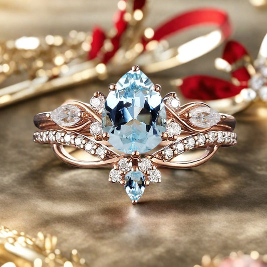 Vintage Pear Shape Aquamarine Engagement Ring Set Unique Aquamarine Gemstone Promise Bridal Ring Set Anniversary Gift
