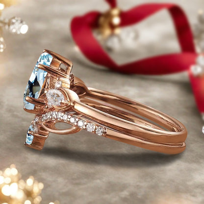 Vintage Pear Shape Aquamarine Engagement Ring Set Unique Aquamarine Gemstone Promise Bridal Ring Set Anniversary Gift