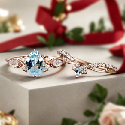 Vintage Pear Shape Aquamarine Engagement Ring Set Unique Aquamarine Gemstone Promise Bridal Ring Set Anniversary Gift