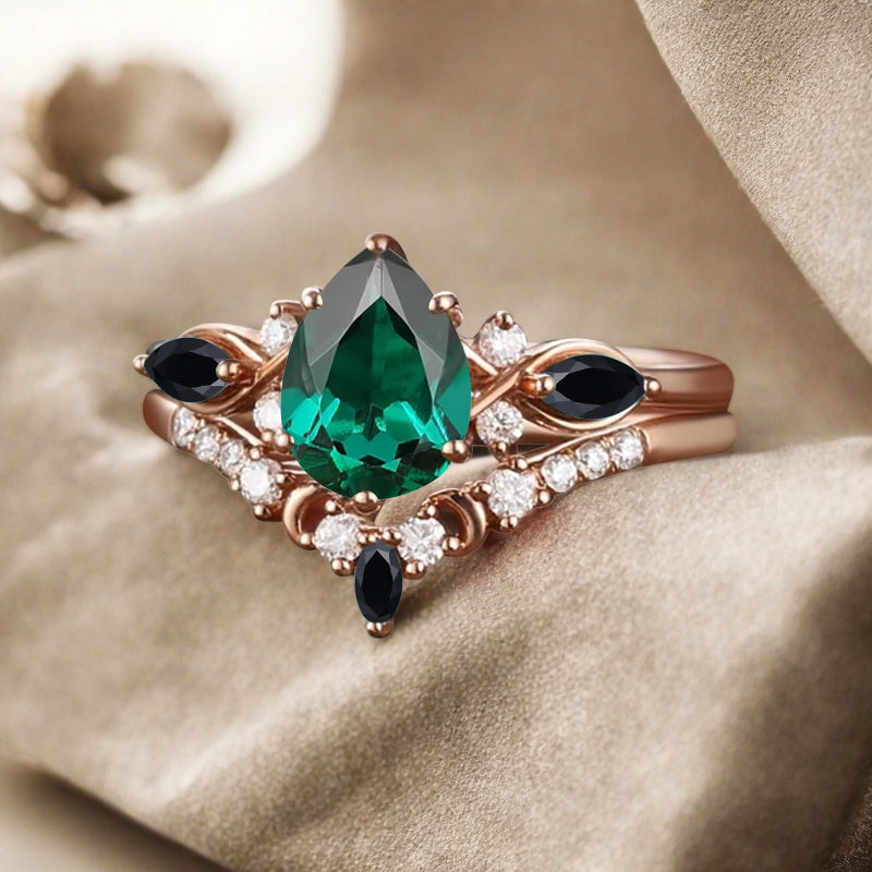 Bague de fiançailles vintage en forme de poire avec aigue-marine, ensemble de bagues de mariage uniques, cadeau d'anniversaire