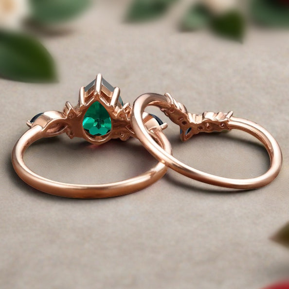 Bague de fiançailles vintage en forme de poire avec aigue-marine, ensemble de bagues de mariage uniques, cadeau d'anniversaire