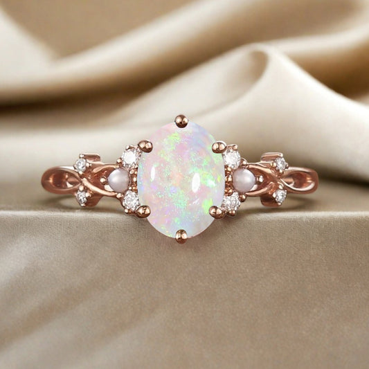 Vintage Oval Opal Engagement Ring Unique Oval Opal Promise Ring Ver.2