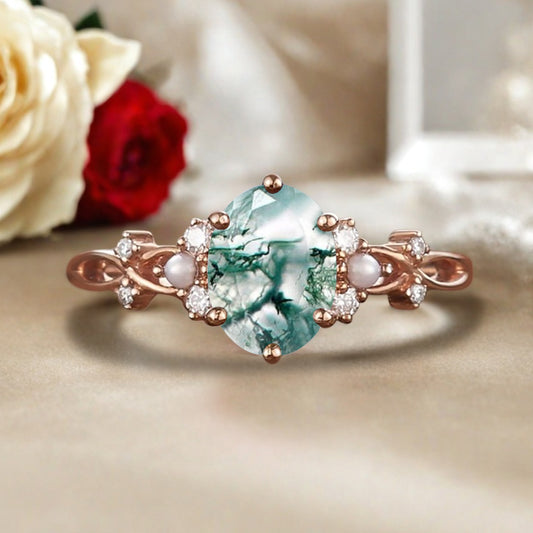 Vintage Oval Moss Agate Engagement Ring Unique Oval Moss Agate Promise Ring Ver.2
