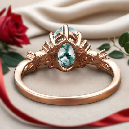 Vintage Oval Moss Agate Engagement Ring Unique Oval Moss Agate Promise Ring Ver.2