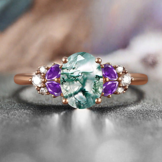 Vintage Oval Moss Agate Engagement Ring Unique Amethyst Sidestones Oval Gemstone Promise Ring