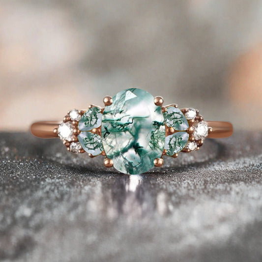 Vintage Oval Moss Agate Engagement Ring Unique Moss Agate Sidestones Oval Gemstone Promise Ring